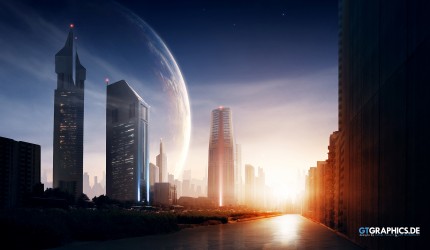 Sunset over a city with a large planet in the sky wallpaper